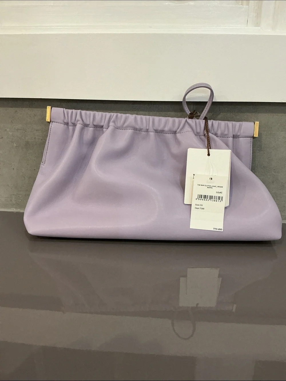 Nanushka Lilac Gathered Leather Clutch with Gold Accents